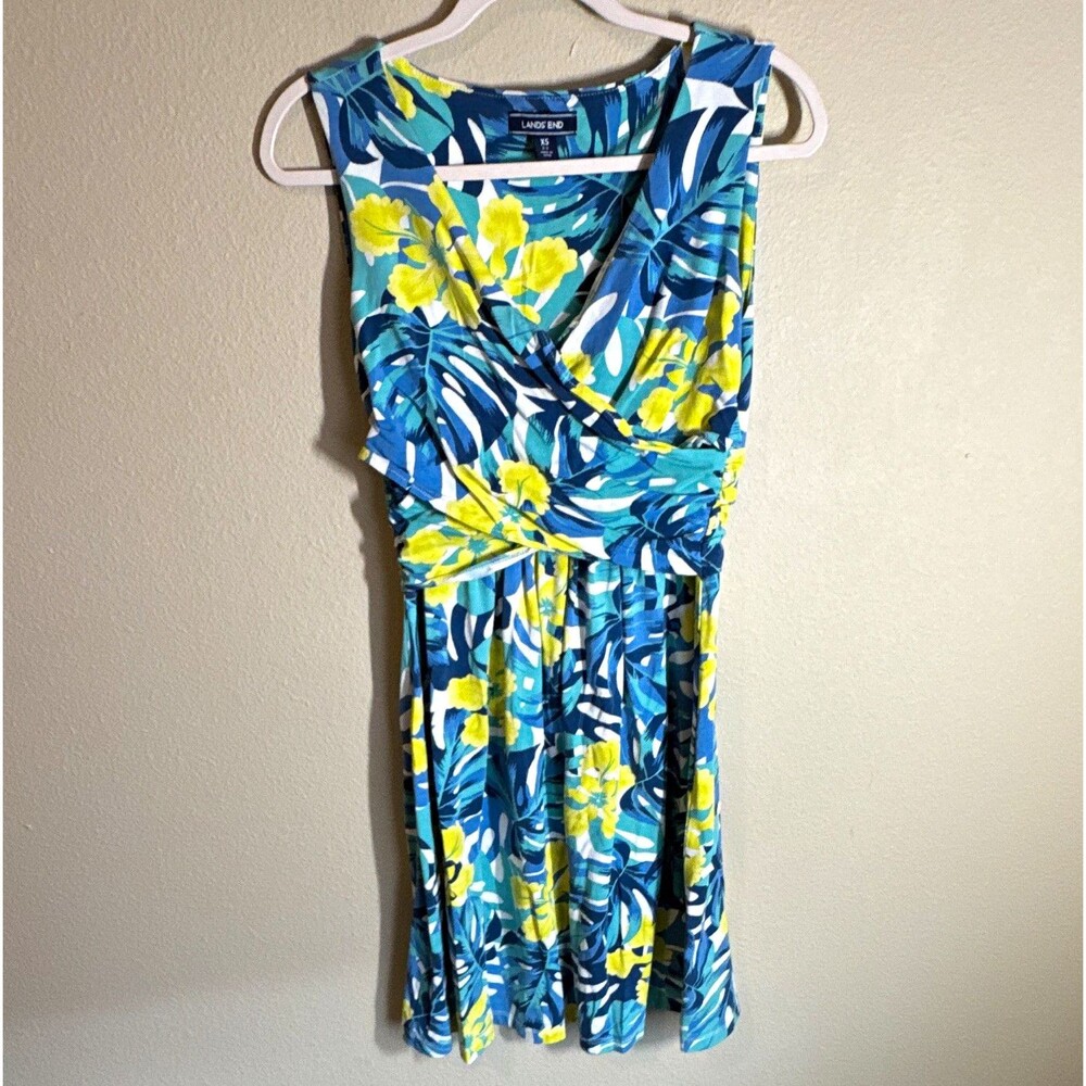 Lands' End Women’s XS A-Line V-Neck Sleeveless Knee Dress Floral Tropical
